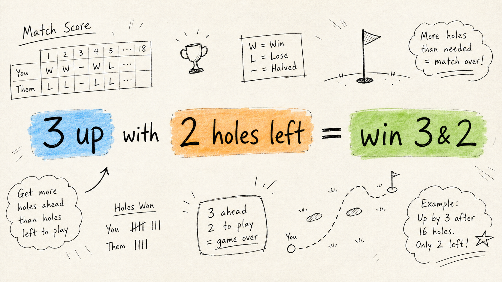 Hand-drawn equation showing 3 up with 2 holes left equals win 3 & 2.