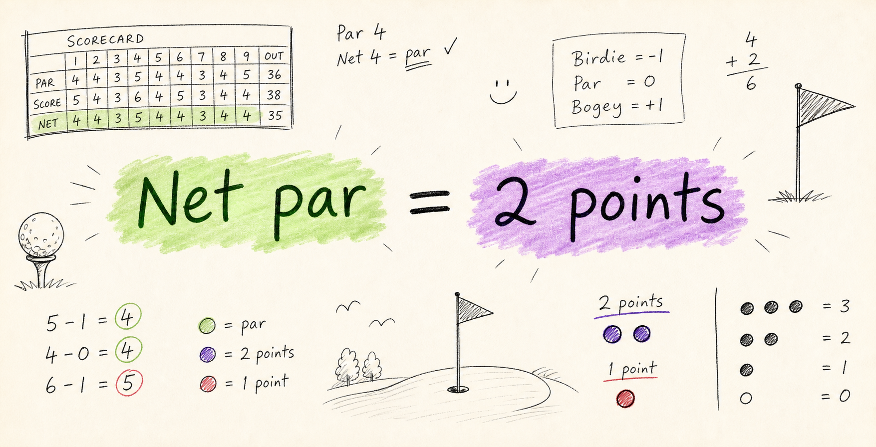 Hand-drawn equation showing Net par equals 2 points.