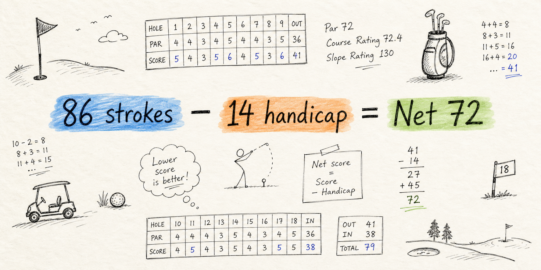 Hand-drawn equation showing 86 strokes minus 14 handicap equals Net 72.