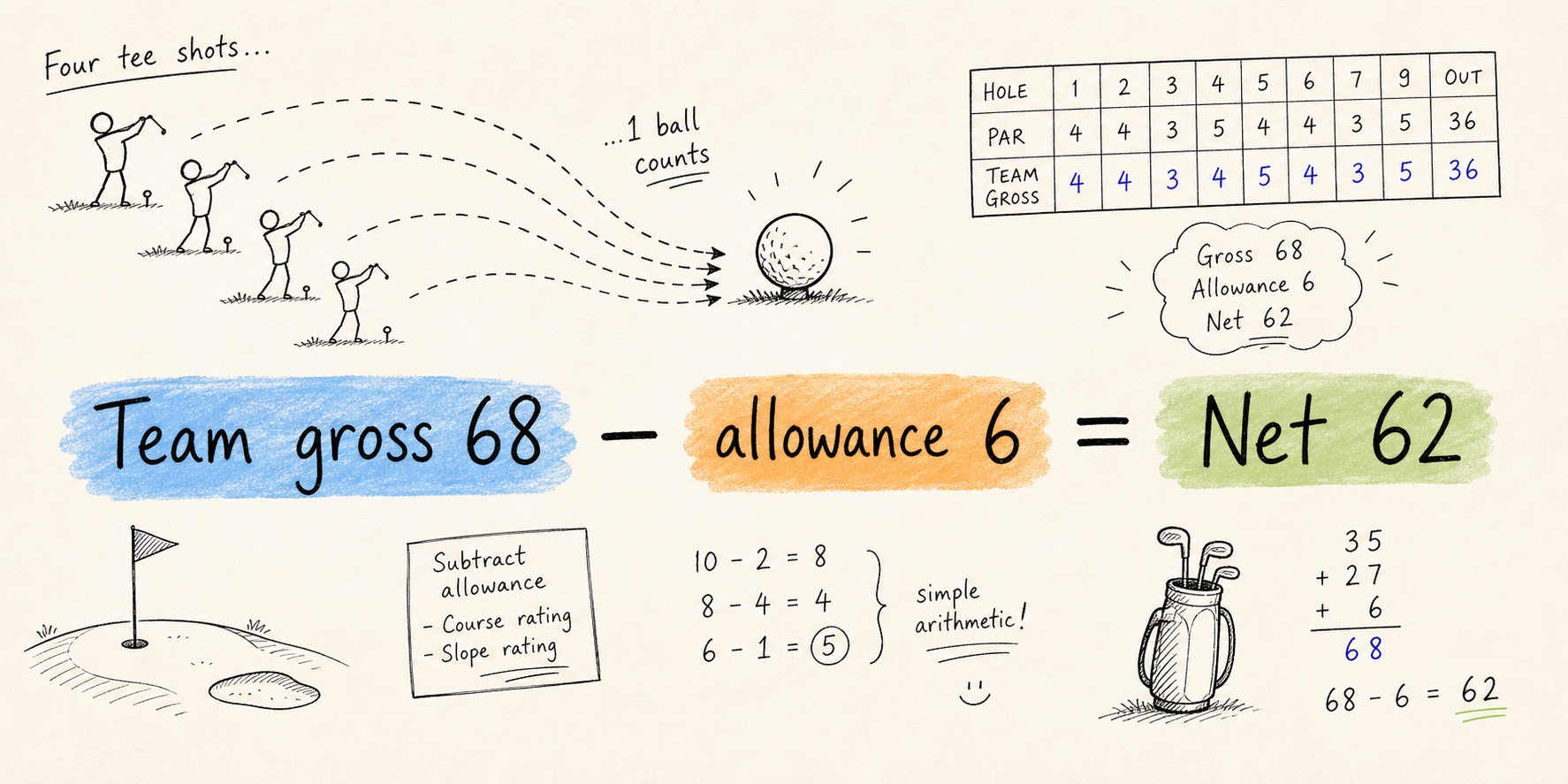 Hand-drawn equation showing team gross 68 minus allowance 6 equals Net 62.